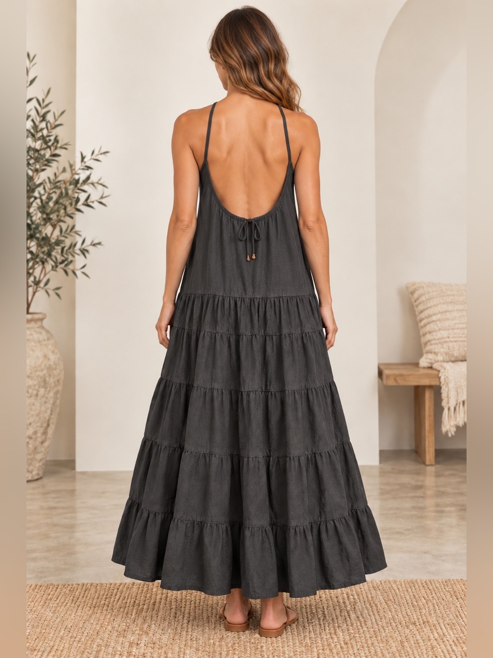 Free People Black Tiered Halter Maxi Dress Size Large - Picture 2 of 11